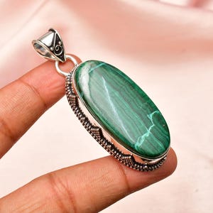 Malachite 925 Sterling Silver Pendant , Handmade Pendant , Unisex Pendant , Big Oval shape Jewelry , Bohemian Pendant For Gift