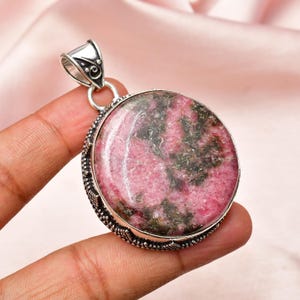 Rhodonite 925 Sterling Silver Pendant , Handmade Pendant , Unisex Pendant , Big Round shape Jewelry , Bohemian Pendant For Gift