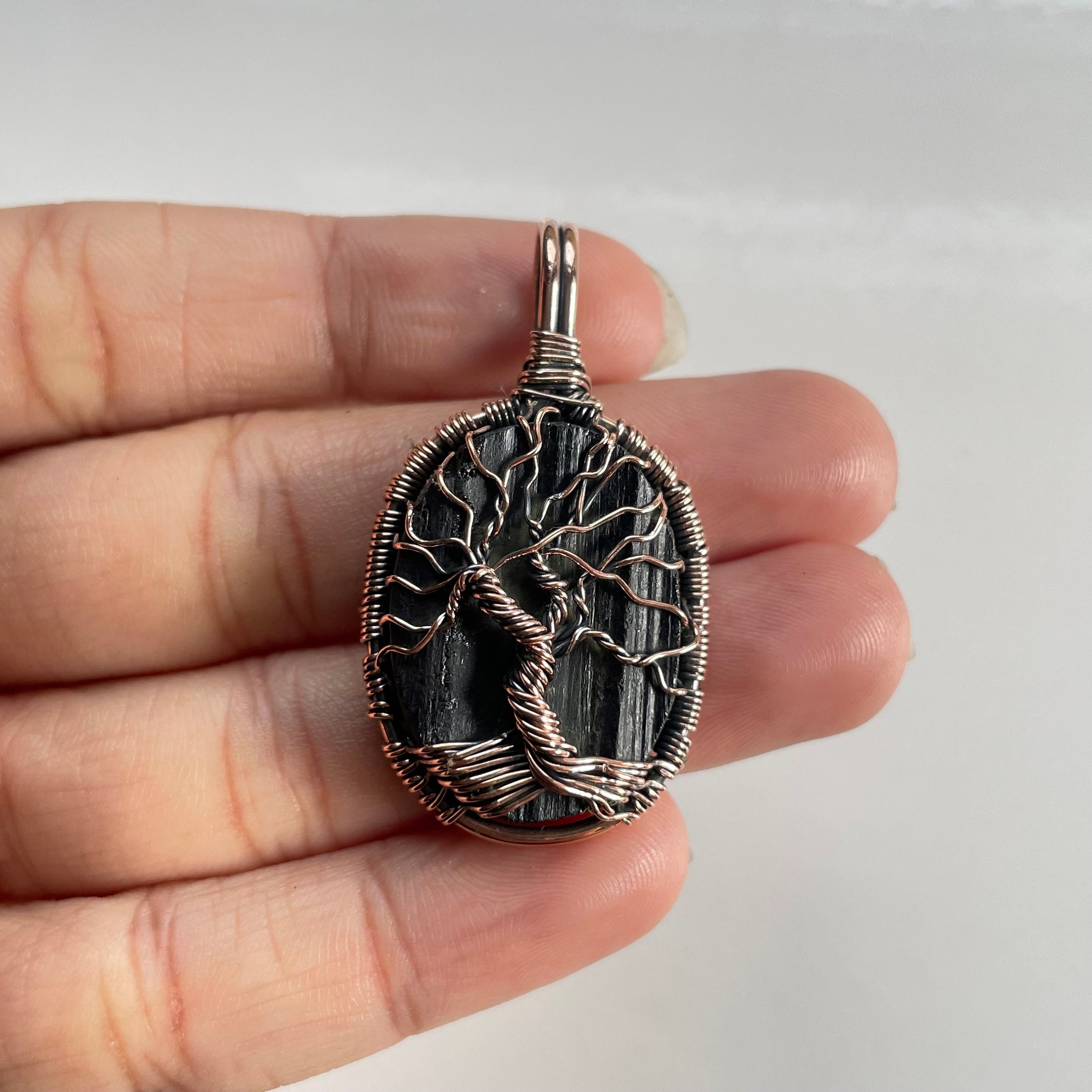 Tree Of Life Black Tourmaline Pendant: Rough Gemstone Copper Wire Wrapped