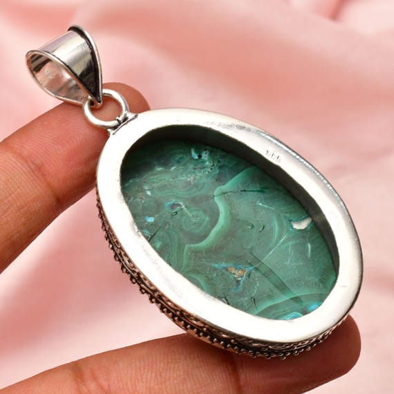 Pendentif En Argent 925 Fait Main Avec Pierre Naturelle D'azurite-malachite Bleue - Longueur 12 Cm