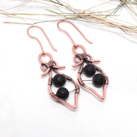 Copper Wire Earrings Volcanic Black Lava Earrings Hammered Copper Earring Beads Earring Hippie Jewelry Volcanic Earring Rustic Earring