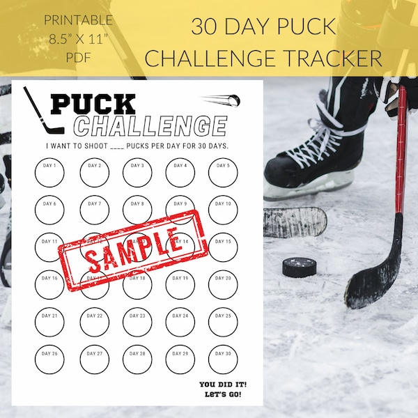 30 Day Challenge, Shooting Pucks, 30 Day Tracker, Goals, Hockey Challenge, Habit Tracker, Sports, Hockey, Puck Challenge, Hockey Log, Kids
