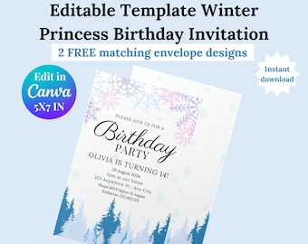 Winter Birthday Invitation, Winter Wonderland, Winter Princess Girl Birthday Party, Editable Birthday Invitation Template, Printable Invite