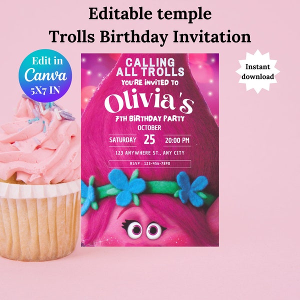 Trolls Invitation Template, Editable Trolls Invite, Girl Birthday, Trolls party, Princess Poppy, Trolls Invit, Party Invitation Troll