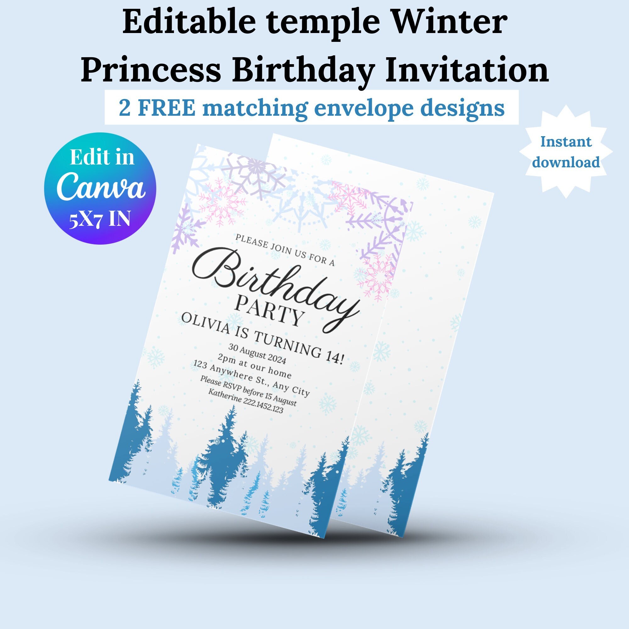 Winter Birthday Invitation Winter Wonderland Winter Princess Girl Birthday Party Editable Birthday Invitation Template