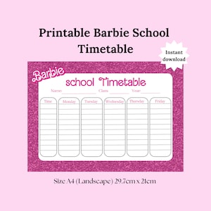 Puede incluir: Horario escolar imprimible de Barbie en rosa con fondo de purpurina. El horario tiene espacios para el nombre, la clase, el año, la hora, el lunes, el martes, el miércoles, el jueves y el viernes. El horario es de tamaño A4 (29,7 cm x 21 cm).