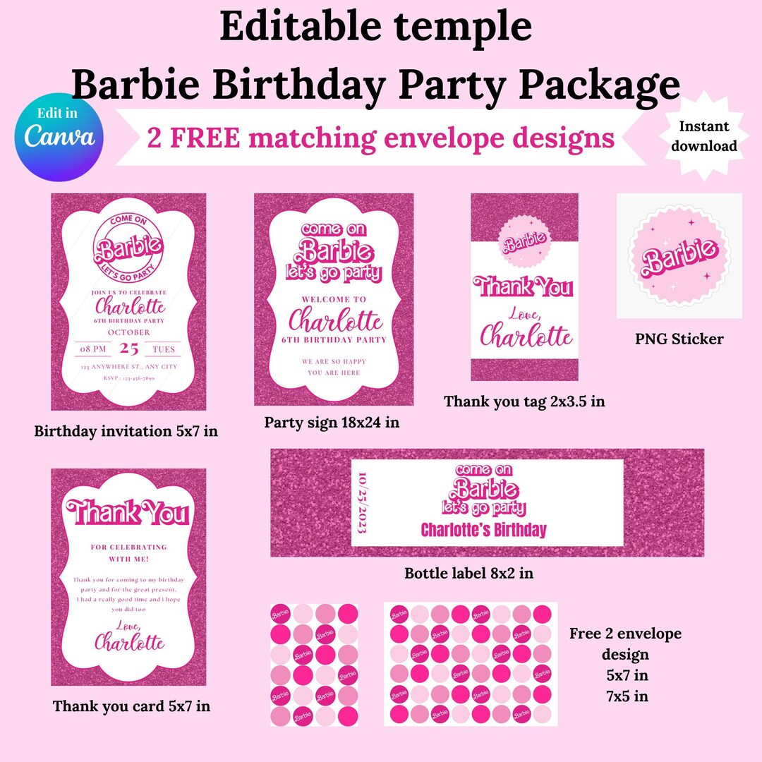 Editable Pink Doll Birthday Invitation, Instant Download, Birthday Invitation Template