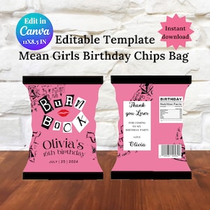 Mittlere Mädchen Chips Tasche, Mean Girls inspiriert Geburtstagseinladung, Mean Girls Einladung, Mädchen-Geburtstagsparty, Mädchen rosa Party, Buch verbrennen einladen
