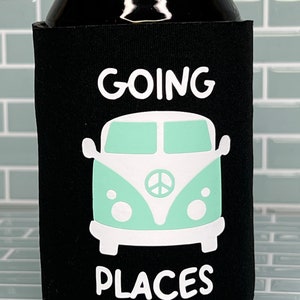 Going Places Cozie - gift for her - gift for him - groovy - hippy - free spirit - birthday gift - can cooler - Peace - beer - beetle van