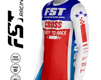Amerikanische Flagge Motocross Trikot - Kundenspezifisches MX Racing Shirt, personalisierte Dirt Bike Ausrüstung, Rot, Weiß, Blau FST Pro Motocross Langarm, Enduro Trikot