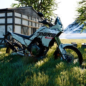 May include: A Yamaha Ténéré 700 adventure motorcycle, in a field of tall grass. The motorcycle is primarily white with black and red accents, and the word "Ténéré" is prominently displayed. The scene includes a wooden structure and a mountain in the background.