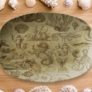Crustaceancore Serving Platter Vintage Style Mermaids 10" x 14" | Coastal Grandma Plate Decor