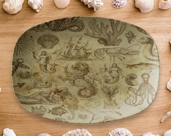 Crustaceancore Serving Platter Vintage Style Mermaids 10" x 14" | Coastal Grandma Plate Decor