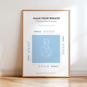 Printbare boxademhalingsoefening | Poster voor angstverlichting | 4-4-4-4 aardingsoefening | Kalmeer je zenuwstelsel | Therapeutische muurdecoratie