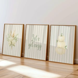 Let's Get Cozy Fall Print Set of 3, Sage Green Autumn Wall Art, Pumpkin Stack & Dried Floral Bouquet, Neutral Boho Home Decor Printable
