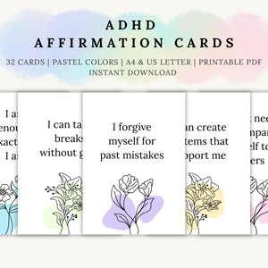 Könnte beinhalten: ADHS-Affirmationskarten in Pastellfarben mit floralen Illustrationen. Die Karten zeigen positive Affirmationen wie "Ich vergebe mir meine vergangenen Fehler". Der Text "32 Karten" und "Sofort-Download" ist ebenfalls sichtbar.