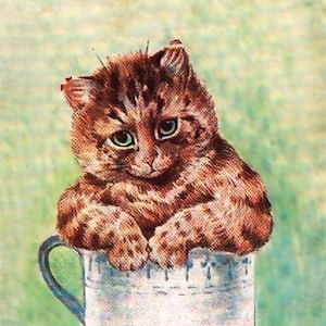 STUCK INA CUP! Sweet Louis Wain Cat. Ez Printable Digital Downloads; Gorgeous Altered Art Nouveau, Deco, La Belle Epoque
