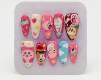Long Super Cute Kirby and Food Desserts Hand-painted Nails