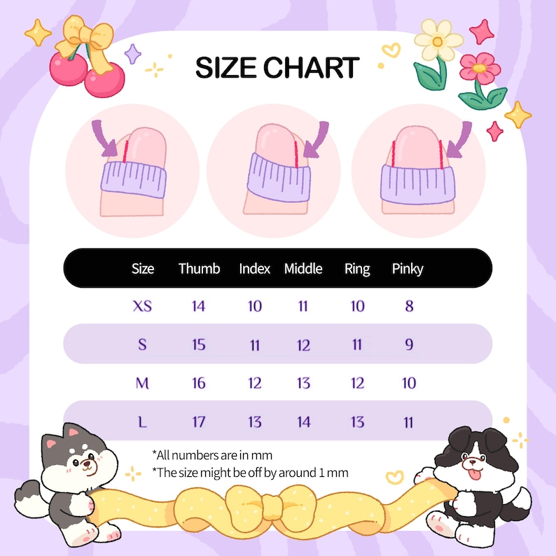 May include: A size chart for nail sizes, with illustrations of nails being measured. The chart includes sizes XS to L, with measurements in millimeters for thumb, index, middle, ring, and pinky fingers. The text reads "SIZE CHART".