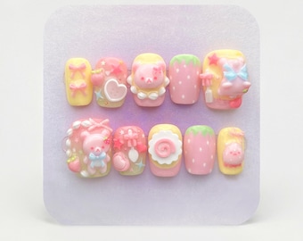 Pink 3D Rilakkuma Strawberry and Cream Hand-painted Press-on Nails