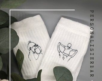 Tennissocken bestickt mit Lineart Bild, Muttertag Vatertag Geschenk zur Geburt personalisierbar