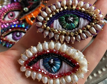 Personalized Pearl Evil Eye Brooch: Beaded Crystal Enamel Pin