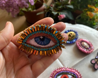 Charm Evil eye brooch,Minimalist, embroidery brooch, beaded brooch, handmade jewelry, minimalist, mothers day gift, easter