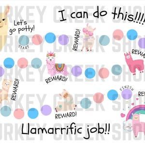 Puede incluir: Un gráfico de entrenamiento para ir al baño con temática de llama colorido con el texto "¡Puedo hacerlo!!!" y "¡Trabajo de llama increíble!!!". El gráfico presenta una llama con un arcoíris y nubes, y un camino con círculos para marcar el progreso.