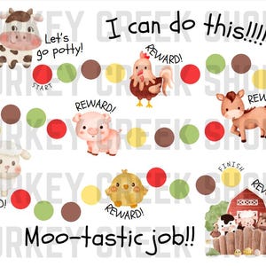 May include: A colorful printable game board with farm animals and the text "I can do this!!!" and "Moo-tastic job!!". The game board has a path with circles and the words "Start" and "Finish".