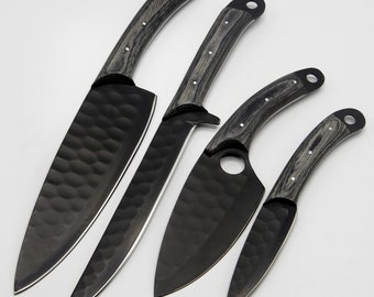 Set di coltelli da cucina neri da 4 pezzi con foderi in pelle - Coltello forgiato a mano / Coltelli artigianali / Regalo per lei / Regalo di compleanno / Coltello da chef.