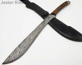 Full tang damascus steel Knife, hunting machete kukri-knife with leather sheath, damascus machete knife, best gift for him