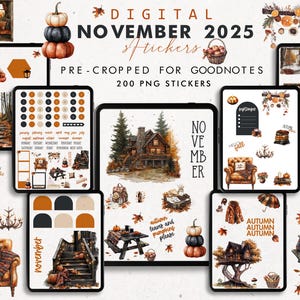 以下が含まれることがあります： Goodnotes 用のデジタル 2025 年 11 月ステッカー。秋をテーマにしたイラストが特徴です。画像にはカボチャの山、小屋、さまざまな秋のシーンが含まれています。ステッカーは事前にトリミングされており、200 個の PNG 画像が含まれています。