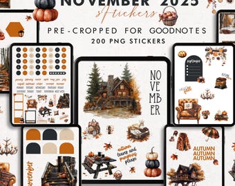 May include: Digital November 2025 stickers for Goodnotes, featuring fall-themed illustrations. The image includes a stack of pumpkins, a cabin, and various autumn scenes. The stickers are pre-cropped and include 200 PNG images.