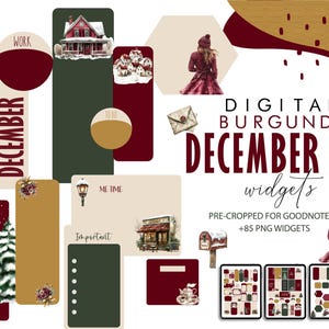 Puede incluir: Pegatinas digitales para planificador con un esquema de color burdeos, dorado y verde. Las pegatinas presentan ilustraciones de una casa, un árbol de Navidad, una chimenea, una farola y una mujer con un vestido rojo. También se incluye el texto "Digital Burgundy December '24 widgets".