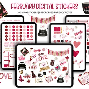 May include: A set of digital stickers for Goodnotes featuring a Valentine's Day theme. The stickers include hearts, flowers, and other romantic imagery. The stickers are pre-cropped and ready to use in Goodnotes.