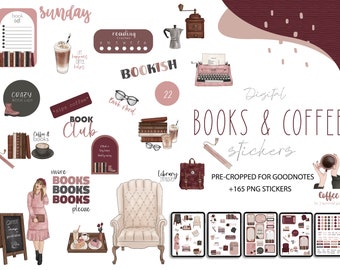 BOOKS Digital Stickers for GoodNotes, Coffee Stickers, Pre-cropped Digital Planner Stickers, GoodNotes Stickers, Bonus Stickers