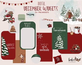 May include: Digital December planner widgets with a farmhouse theme. Includes illustrations of a snowy cabin, a Christmas tree, a cup of hot chocolate, and a gingerbread cookie. The text "I'm dreaming of a farmhouse for days" is included.