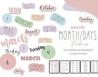 MONTHS & WEEKDAYS Digital Stickers for Goodnotes, Weekday Stickers, Aesthetic Stickers, Basic Pre-cropped Digital Planner Stickers