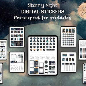 Könnte beinhalten: Ein digitaler Sticker-Set mit Sternenhimmel-Motiv mit 350 vorab zugeschnittenen Stickern für Goodnotes. Die Sticker umfassen verschiedene Formen, Größen und Designs, darunter Kreise, Quadrate, Banner und Rahmen. Die Sticker sind in Blautönen, Schwarz und Gold gehalten.