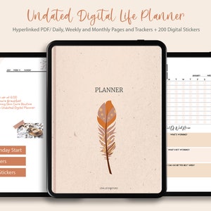 May include: A digital life planner with a boho theme. The cover features a brown and orange feather with white polka dots on a beige background. The text "PLANNER" is at the top of the page. The planner includes daily, weekly, and monthly pages, as well as trackers and 200 digital stickers.