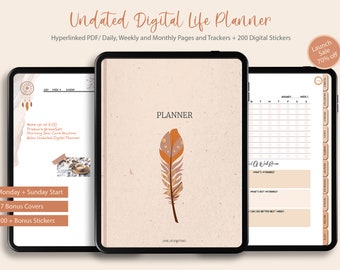 Undated Goodnotes Planner, Monthly Digital Planner, Goodnotes Template, iPad Planner, Digital Bullet Journal Pdf, Goodnotes Stickers Boho