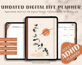 May include: A digital planner for Goodnotes and Notability with a Sunday and Monday start. The planner features a minimalist design with a branch of leaves and a peach-colored circle on a cream background. The text "UNDATED DIGITAL LIFE PLANNER" is at the top of the image. The text "ADULT ADHD PLANNER" is in a peach-colored triangle at the bottom of the image.