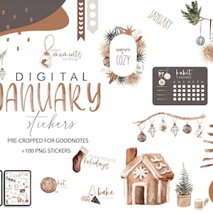 May include: Digital stickers for Goodnotes featuring a winter theme with illustrations of gingerbread houses, ornaments, trees, and wreaths. The stickers are pre-cropped and come with 100 PNG stickers. The text "Digital January Stickers" is featured in the image.