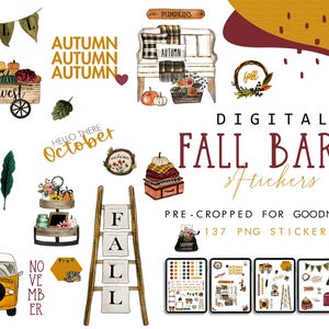 Op de afbeelding: Digitale herfststickers met diverse illustraties, waaronder pompoenen, een oogstkar en een ladder met het woord "FALL". De afbeelding bevat ook tekst zoals "Autumn" en "October".