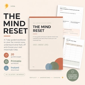 Puede incluir: The Mind Reset es un cuaderno de trabajo de autorreflexión guiada de 7 días con una cubierta color crema y detalles circulares en terracota, azul y verde. Incluye 20 páginas imprimibles, un plan de acción y ejercicios de reflexión.