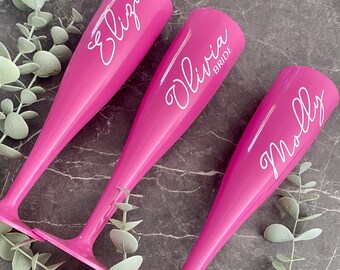 Personalised Pink or White Flutes, Bridesmaid Proposal, Hen Party, Prom, 30th Birthday, Graduation, Hot Bubblegum Pink