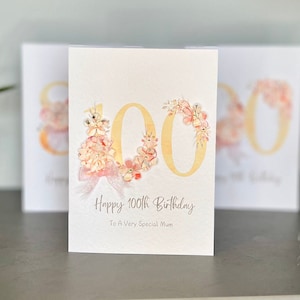 Biglietto di auguri per il 100° compleanno di una mamma speciale con fiori 3D, gemme, perle e nastro rosa, biglietto di auguri per l'età, biglietto di auguri per la mamma, biglietto ricordo per il 100° compleanno.