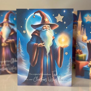 CARTÃO DE NATAL personalizado para neto, Cartão de Natal de bruxo, Decorado à mão com estrelas e pedras preciosas 3D, Cartão de Natal para neto, Cartão de Natal divertido