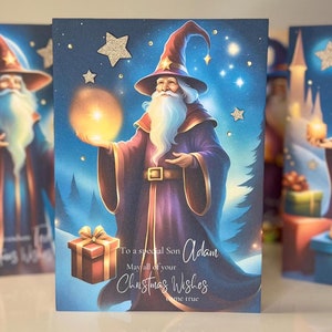 CARTÃO DE NATAL do Filho. Cartão de Natal personalizado do Wizard. Cartão de Natal feito à mão, estrelas 3D e joias. Cartão de Natal do Filho, Cartão de Natal divertido para o Filho