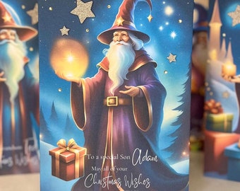 Son CHRISTMAS CARD. Personalised Wizard Christmas Card. Handmade Christmas Card, 3d Stars & Gems. Son Xmas Card, Fun Christmas Card for Son